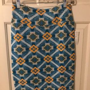 Lularoe Cassie - blue and gold aztec print